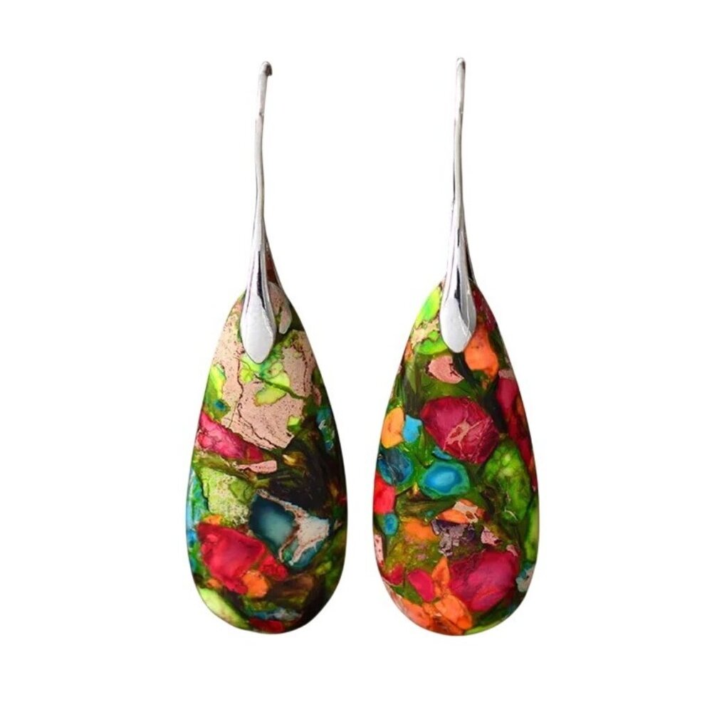 2/$24 Retro Water Droplets Natural Stone Red Green Khaki Silver Drop Earrings - Picture 3 of 4